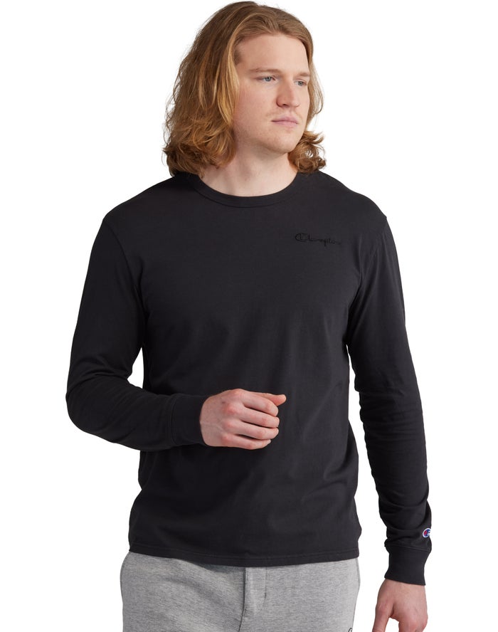 Champion Mens T-Shirt NZ - Lightweight Long-Sleeve Embroidered Logo Black ( 7621-MOCTH )